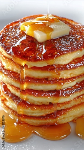 Delicious Stack of Fluffy Pancakes Topped With Butter and Dripping Syrup
