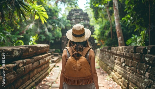 A female traveler explores ancient ruins in a tropical forest, symbolizing personal discovery, history tourism, and eco-conscious adventure travel