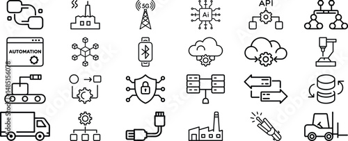  Industry icon set and vector and  system integration  icon , Assembly Line, Conveyor Belt,  Cybersecurity Shield of different professions on white background