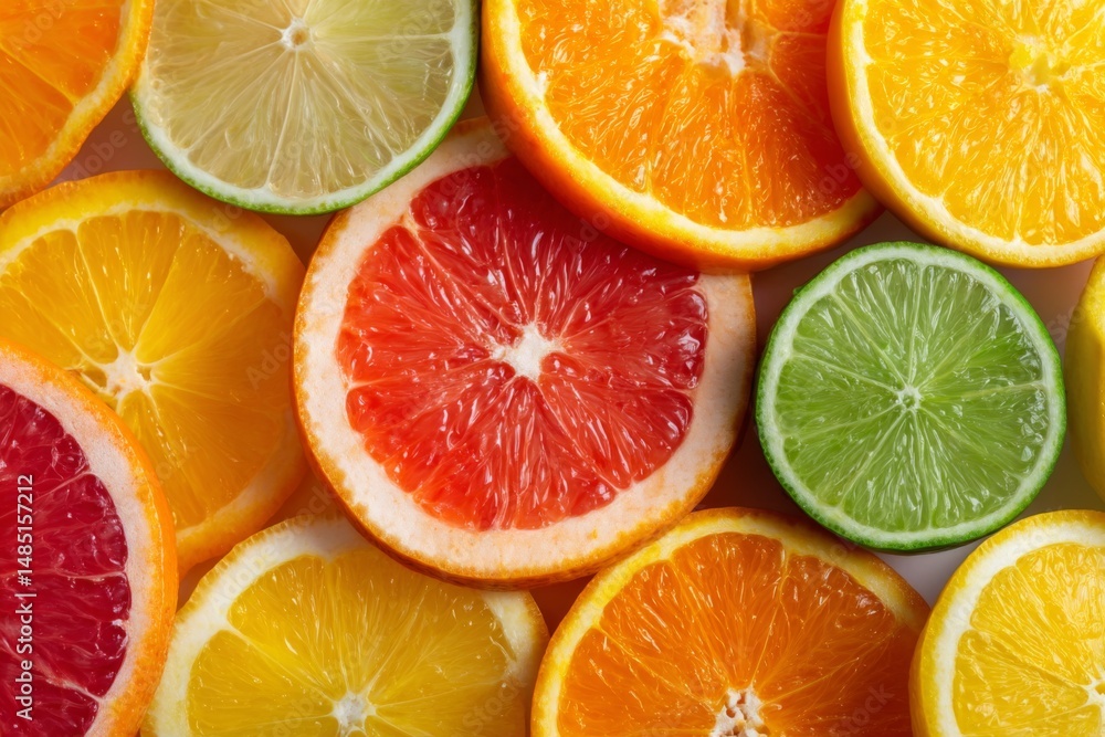 Obraz premium citrus fruit slices, showcasing their juicy interiors and vibrant colors, with droplets of water for added freshness