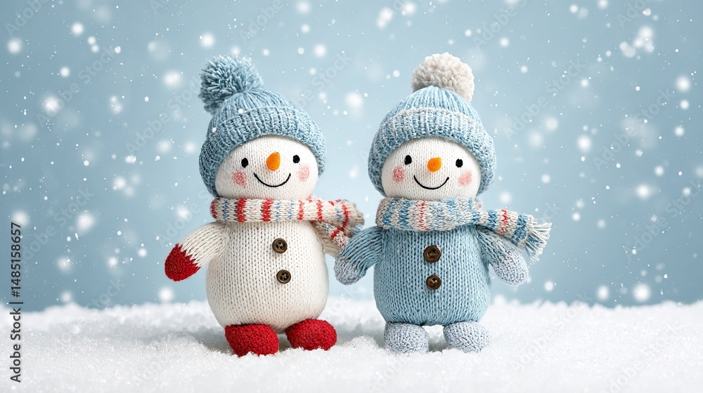 Cute smiling snowmen in cozy hats and scarves standing together in falling snow on soft winter background Cute smiling snowmen in cozy hats and scarves standing together in falling snow on soft winter background