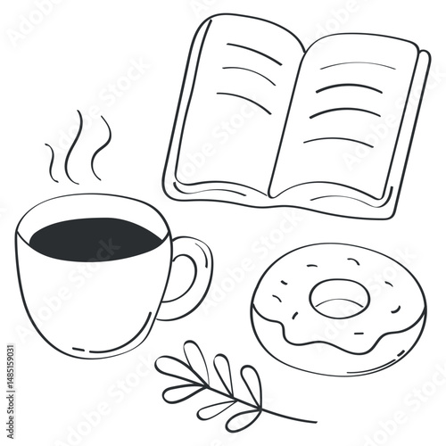Vector line illustration of cozy morning scene with cup of coffee, open book, donut. Perfect for themes related to self care, reading time, slow mornings or coffee breaks