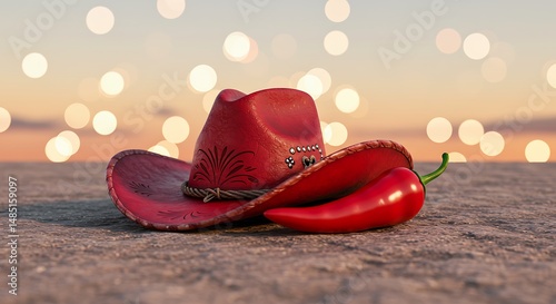 a striking 3d render art piece featuring a vibrant red cowboy hat adorned with intricate details and a fiery chili pepper nestled beside it, this dynamic duo is set against an isolated background