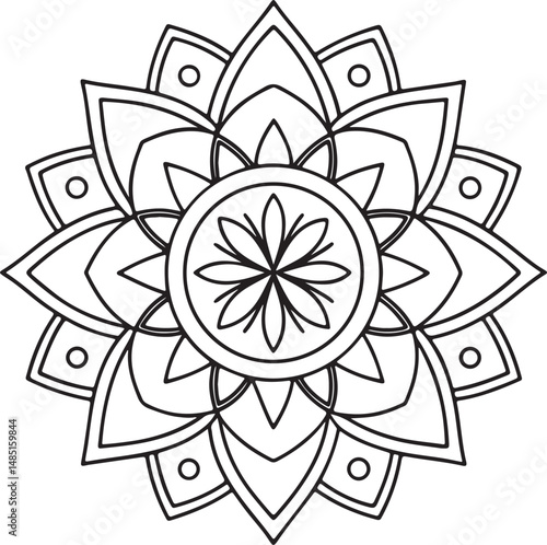 Black and White Floral Mandala Outline – Symmetrical Coloring Page