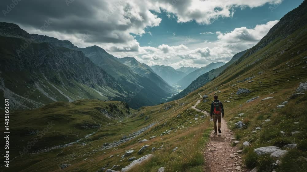 A solitary hiker on a mountain trail surrounded by majestic landscape A solitary hiker on a mountain trail surrounded by majestic landscape