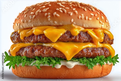 Delicious Triple Cheeseburger With Fresh Toppings Served on a Sesame Seed Bun