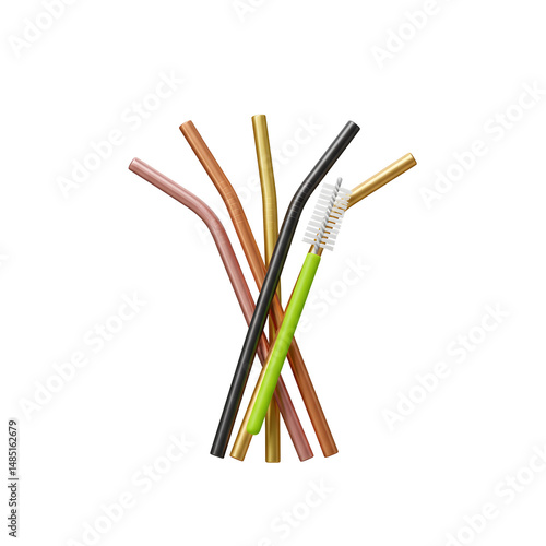 Colorful metal straws and cleaning brush on transparent background