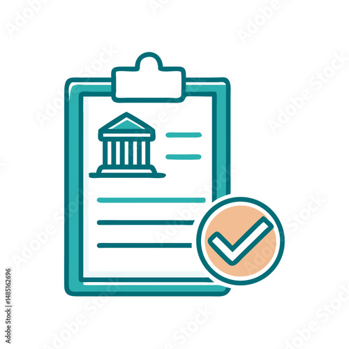 Bank document approval icon with clipboard and checkmark for legal agreements, finance apps, loan requests and government paperwork

