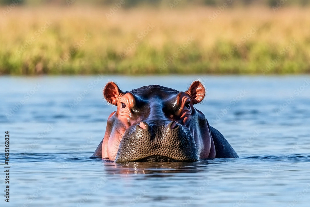 Fototapeta premium Hippopotamus floats calmly in a river, surrounded by lush grasslands during a sunny day
