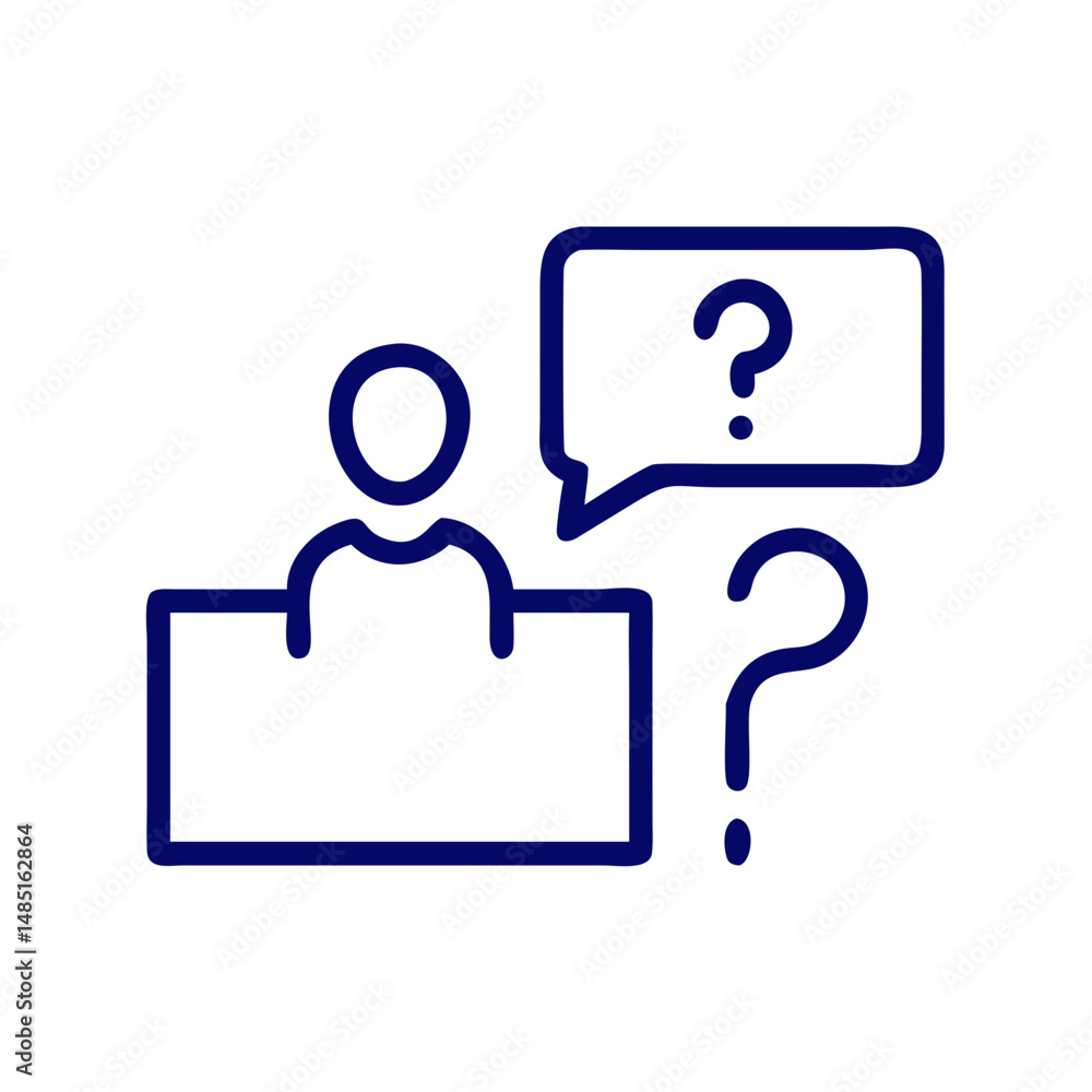 Person behind desk with speech bubble and question mark illustration Person behind desk with speech bubble and question mark illustration