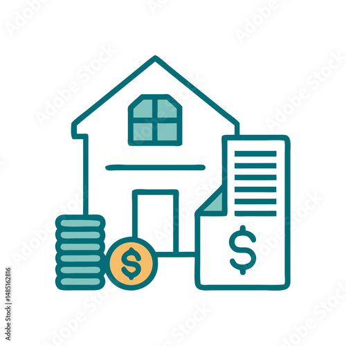Real estate finance icon with house, bills and coins for mortgage apps, housing market dashboards and financial planning tools

