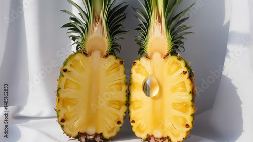 Two halved pineapples arranged vertically on a white background