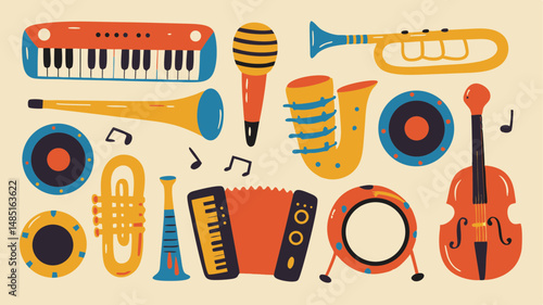 Illustration showcasing a collection of musical instruments including a keyboard trumpet and an accordion art