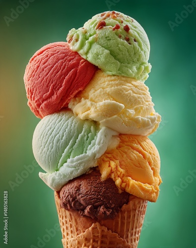 Colorful Ice Cream Cone With Multiple Flavors Stacked High and Vibrant Backgr...