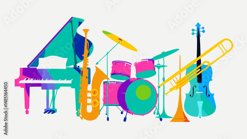 Colorful illustration featuring a piano, saxophone, drums, trumpet, trombone and a cello ensemble piece