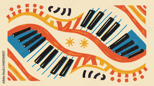 Abstract piano keys with orange waves and yellow star shapes on a beige background artistic design