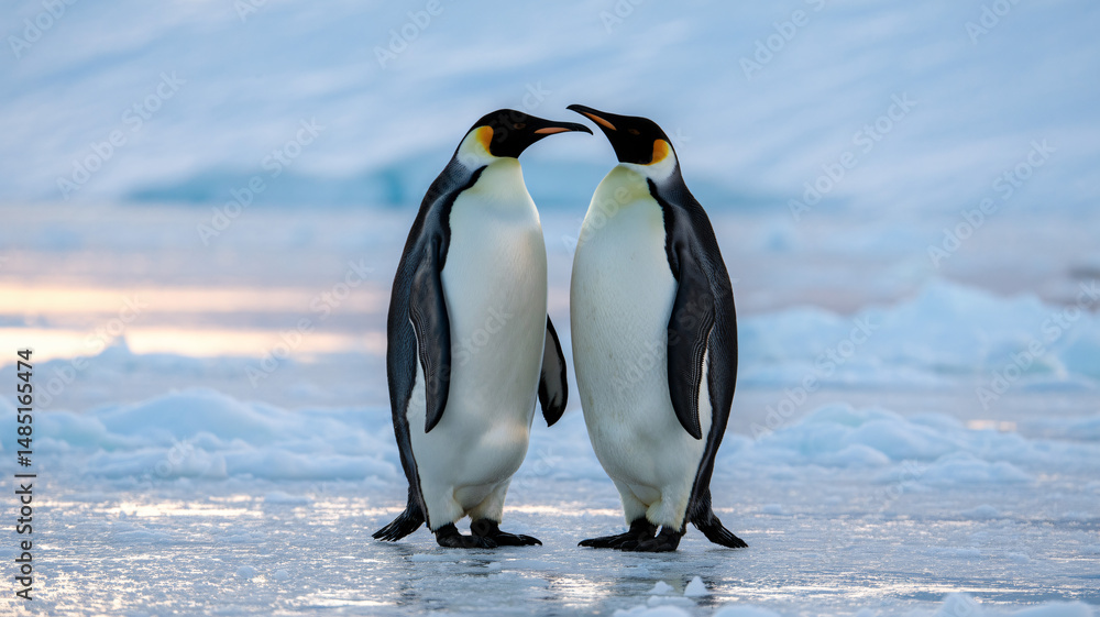 Fototapeta premium Two adorable penguins on snowy ice