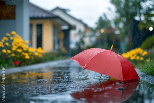 Wallpaper Mural A red umbrella lying in a puddle reflecting the umbrella and the sky on a rainy day near houses Torontodigital.ca