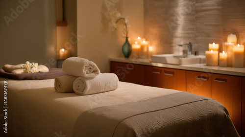 Serene spa room featuring massage table adorned with neatly rolled towels, warm lighting, and candles creating tranquil atmosphere for relaxation and rejuvenation