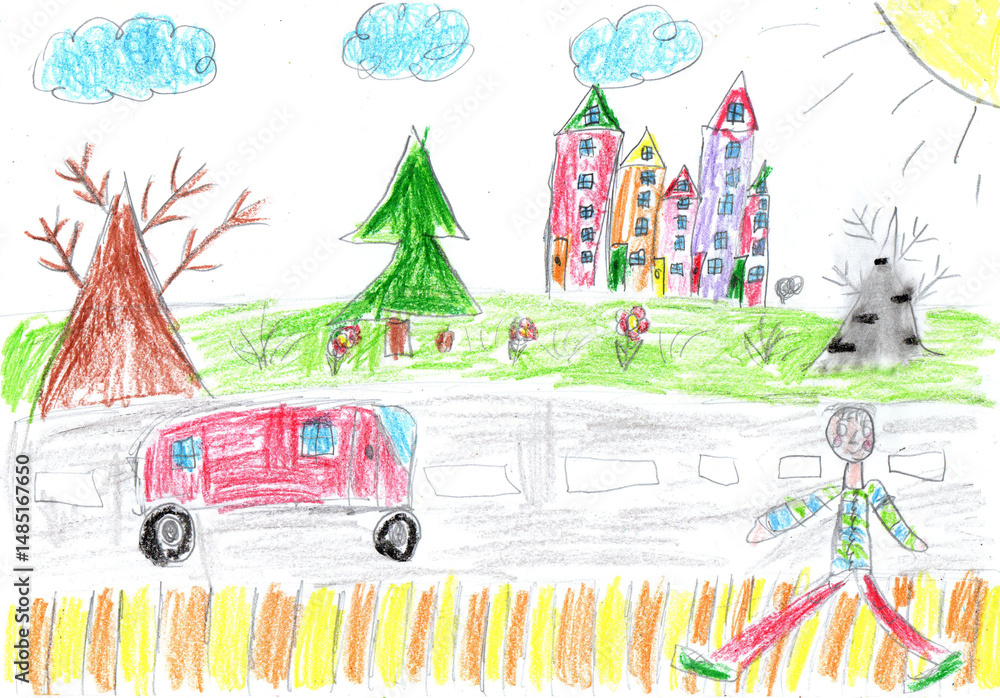 Obraz premium Child drawing buildings and cars. Happy family on a walk. Pencil art in childish style