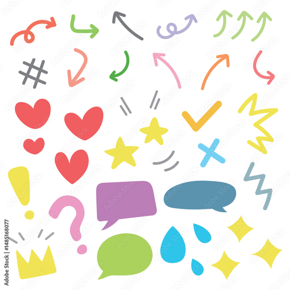 Collection of hand-drawn doodle elements like arrows, hearts, speech bubbles, and question marks. Perfect for creative design work and decoration. Collection of hand-drawn doodle elements like arrows, hearts, speech bubbles, and question marks. Perfect for creative design work and decoration.