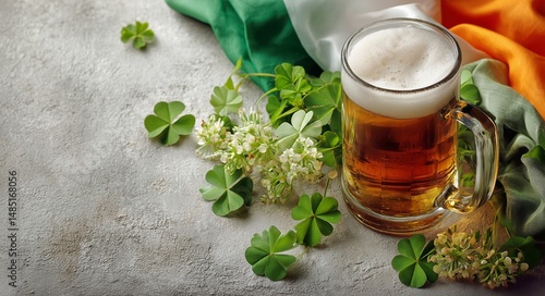 Celebrating Irish Culture With a Pint of Beer and Shamrocks on a Rustic Surface