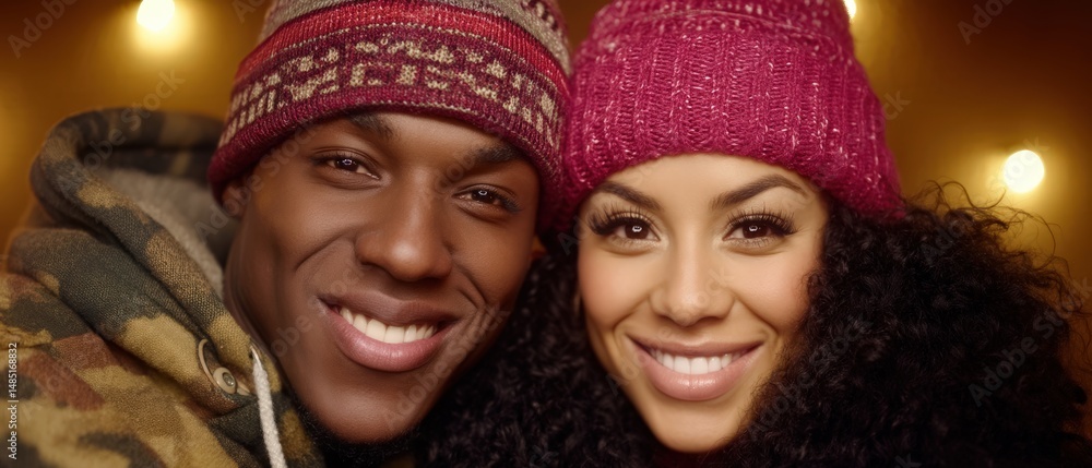 Smiling couple with cozy knit hats sharing warm expressions in a festive atmosphere illuminated by soft lights showcasing their joy confidence and connection in an intimate seasonal setting Smiling couple with cozy knit hats sharing warm expressions in a festive atmosphere illuminated by soft lights showcasing their joy confidence and connection in an intimate seasonal setting