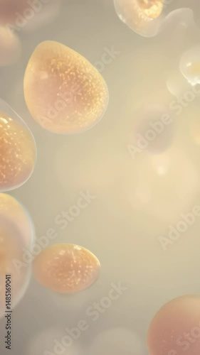 Abstract floating golden particles in light beige background with soft bokeh effect. The luminous organic shapes drift and hover gently creating a dreamy atmospheric visual with warm tones.