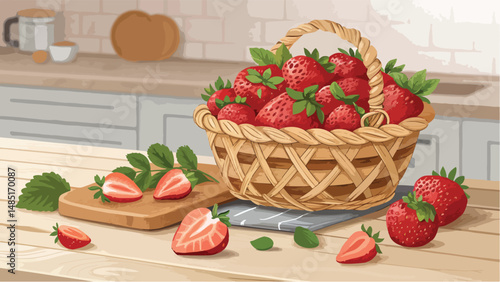 Strawberries in basket on table in kitchen Illustration vector design, Strawberry Illustration vector design