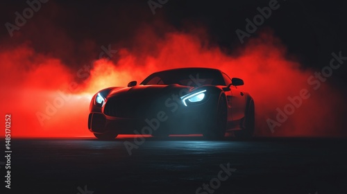 High-end car in smoke with glowing lights, Luxury sports car in red haze, Automotive concept for speed or branding themes