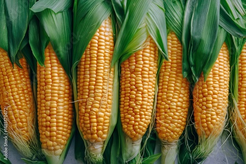 Fresh Corn Cobs Arranged Neatly With Green Husks in a Vibrant Display at a Lo...