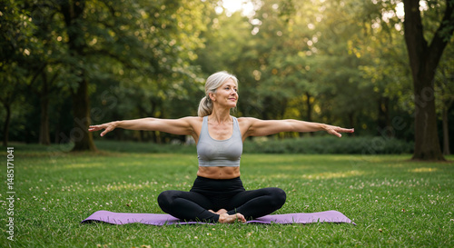 Old woman practicing yoga in nature