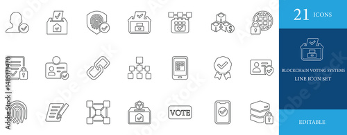 Modern blockchain voting line icons with biometric ID, secure digital vote, online election system, cyber security, decentralized data, and identity verification symbols