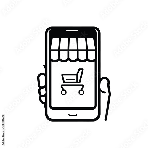 Hand holds smartphone displaying market stall and shopping cart icon on screen with transparency