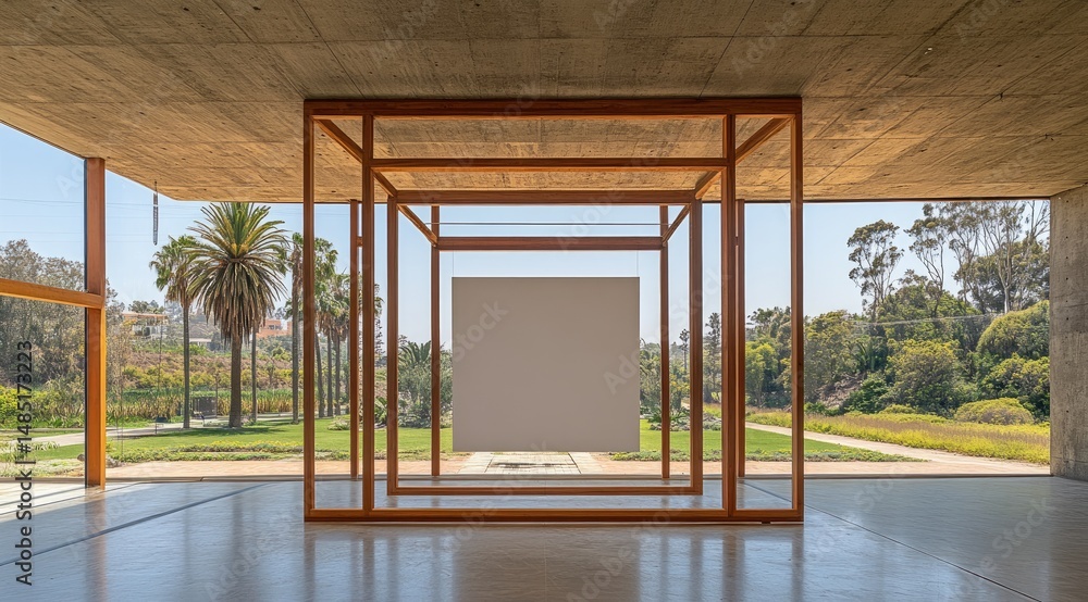 Modern gallery interior with a light beige backdrop Modern gallery interior with a light beige backdrop