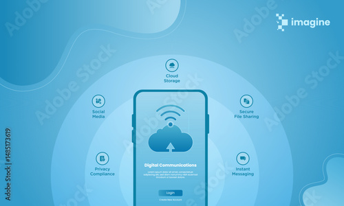 Creative digital communication infographic with smartphone, cloud icon, and service elements like messaging, cloud storage, privacy, and social media on a modern blue tech background.