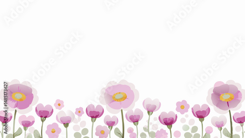 Watercolor illustration of a flower border with pink and purple petals and green stems on a white background