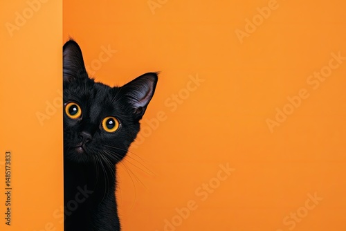 Curious Black Cat with Bright Yellow Eyes Peeking from Behind Wall on Vibrant Yellow Background with Copy Space