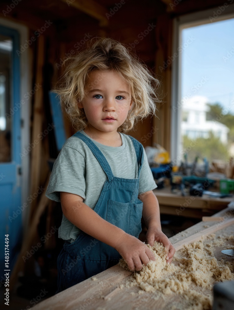 Fototapeta premium Young Child Playing with Sand in Indoor Workshop Setting with Wooden Walls and Tools