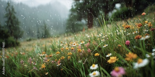 Flowers Flourish in the Rain Under a Misty Sky in a Lush Green Meadow