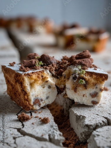Close-up of a piece of creamy ice cream cake with chocolate crumbs on cracked white wooden surface photo