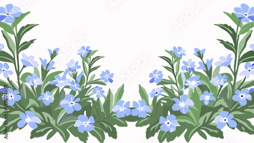 Floral arrangement with blue flowers and green leaves symmetrically positioned on a white background space