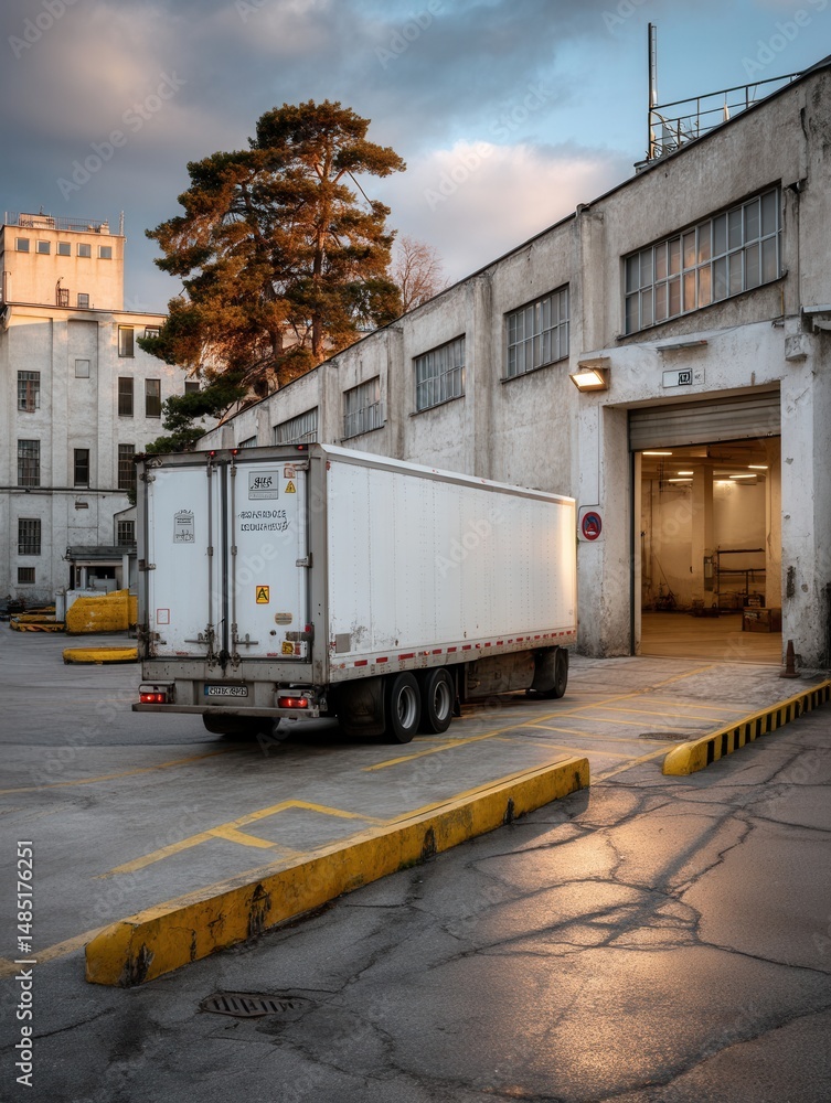 Naklejka premium White Delivery Truck at Warehouse Dock During Sunset with Industrial Building and Tree in Background