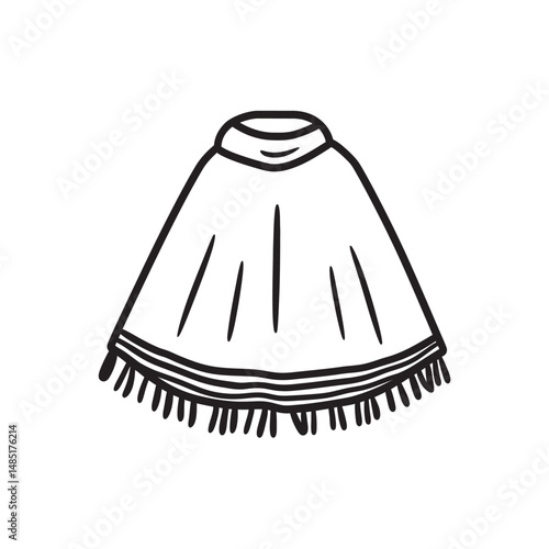 Handdrawn white poncho with black outline and fringe is isolated on white