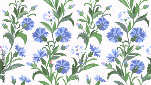 Seamless pattern with blue cornflowers and green leaves on a white background in a floral arrangement