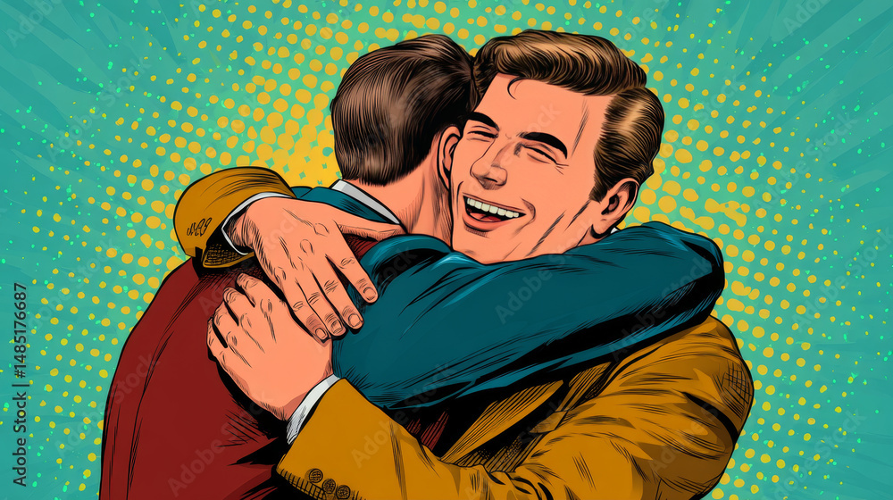 Obraz premium The two men happily cuddling, friendship, pop art retro vector illustration. Human emotions