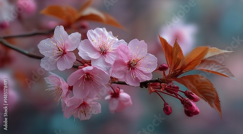 Cherry Blossom Branch in Springtime Showcasing Vibrant Pink Flowers and New L...