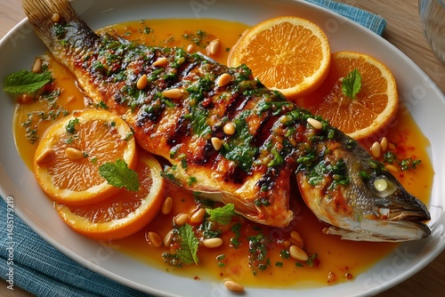 Deliciously Grilled Fish Served With Fresh Orange Slices and Herbs on a Woode...
