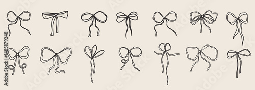 Hand drawn line bow simple vector string ribbon tie thread gift package box rope border isolated on white collection. Scribble doodle minimalist outline style