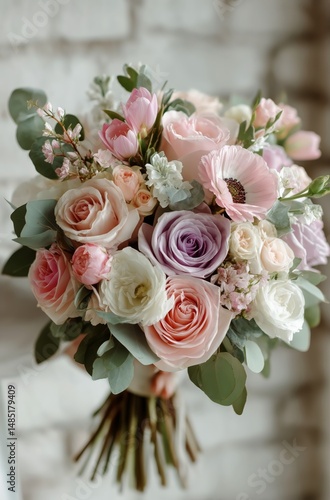 Beautiful Bouquet of Pastel Flowers Held by a Person Near a Window With Natur...